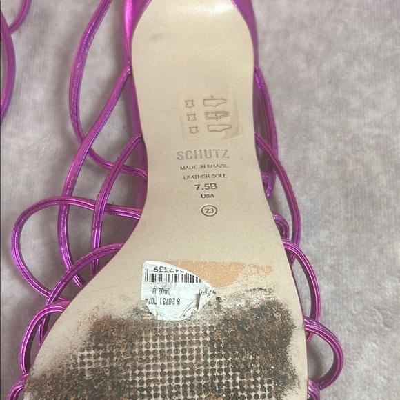 GUC Schutz Women's 7.5 Dark Metallic Pink Purple Strappy Heels‎ Leather - Picture 3 of 9